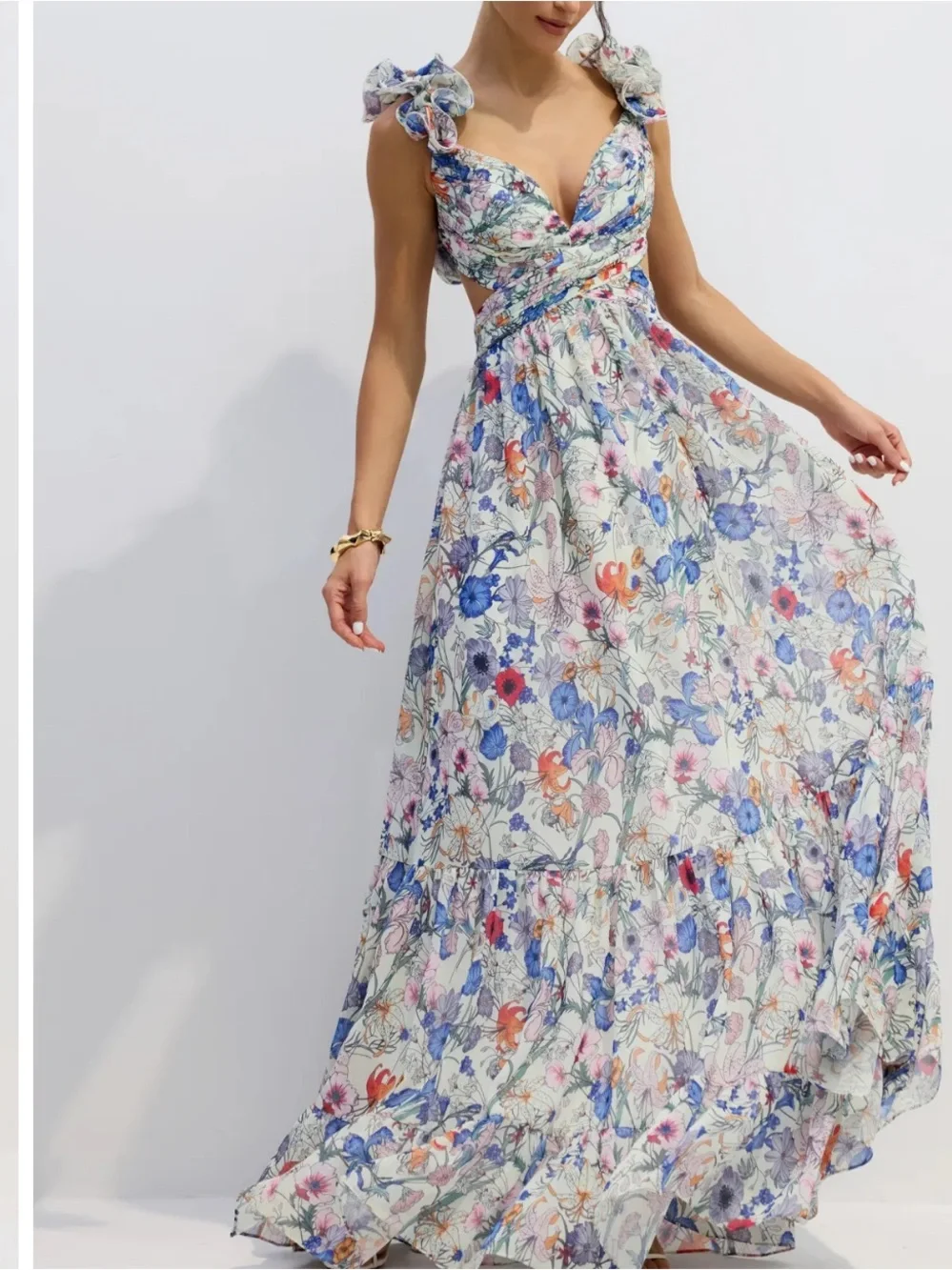 🆕 Marissa Cut-out Ruffle Floral Cutout Maxi Dress in White with Multicolor Print